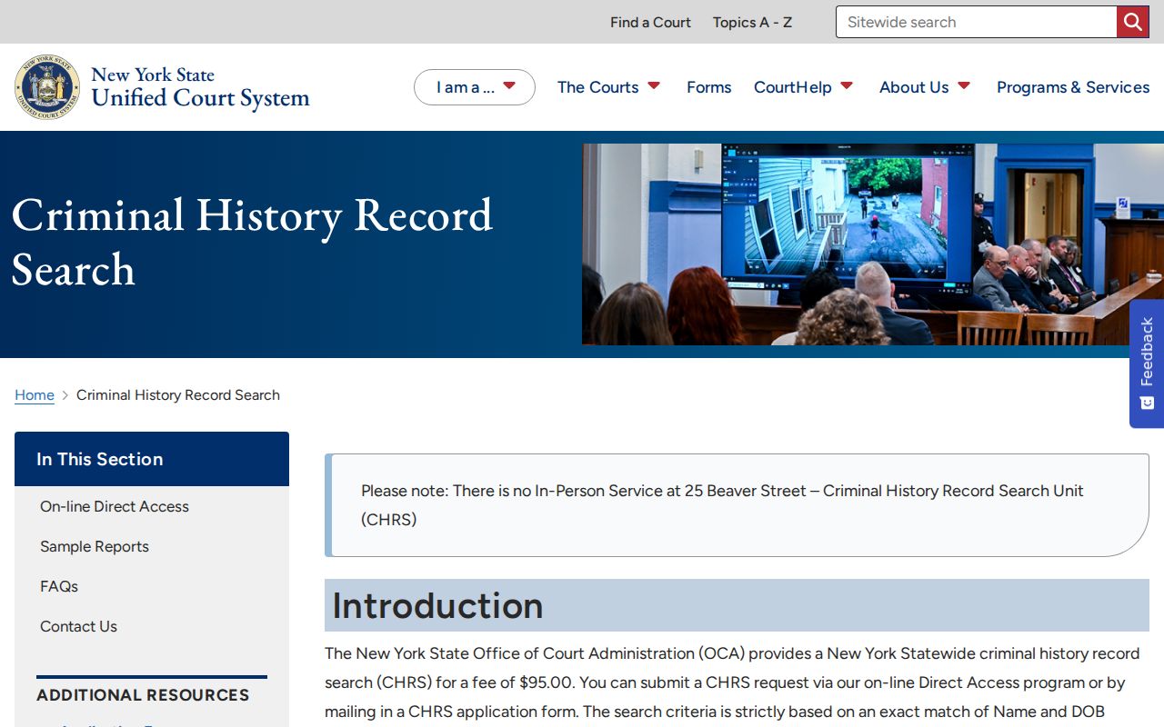 Yates County court case records at the OCA CHRS request page